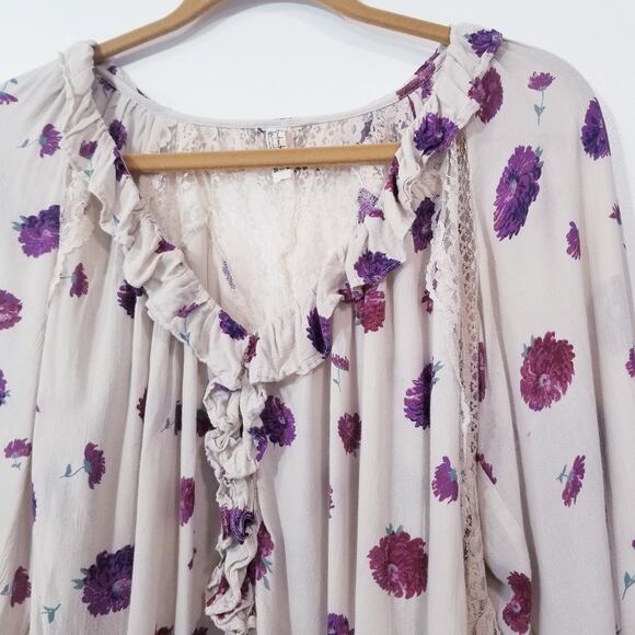 Intimately Free People Floral Print Ruffle Lace Bodysuit Blouse Long Sleeves - Picture 8 of 16